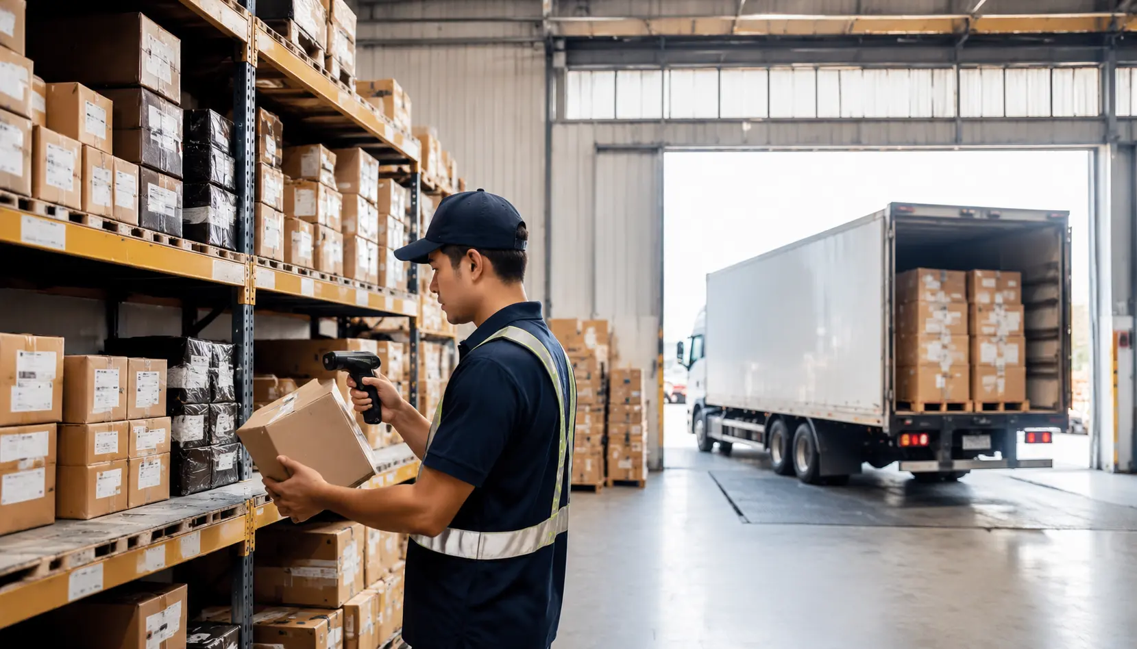 Warehouse interior with shelves of e-commerce parcels, a worker scanning boxes, and a truck at the loading dock, 1400x800px