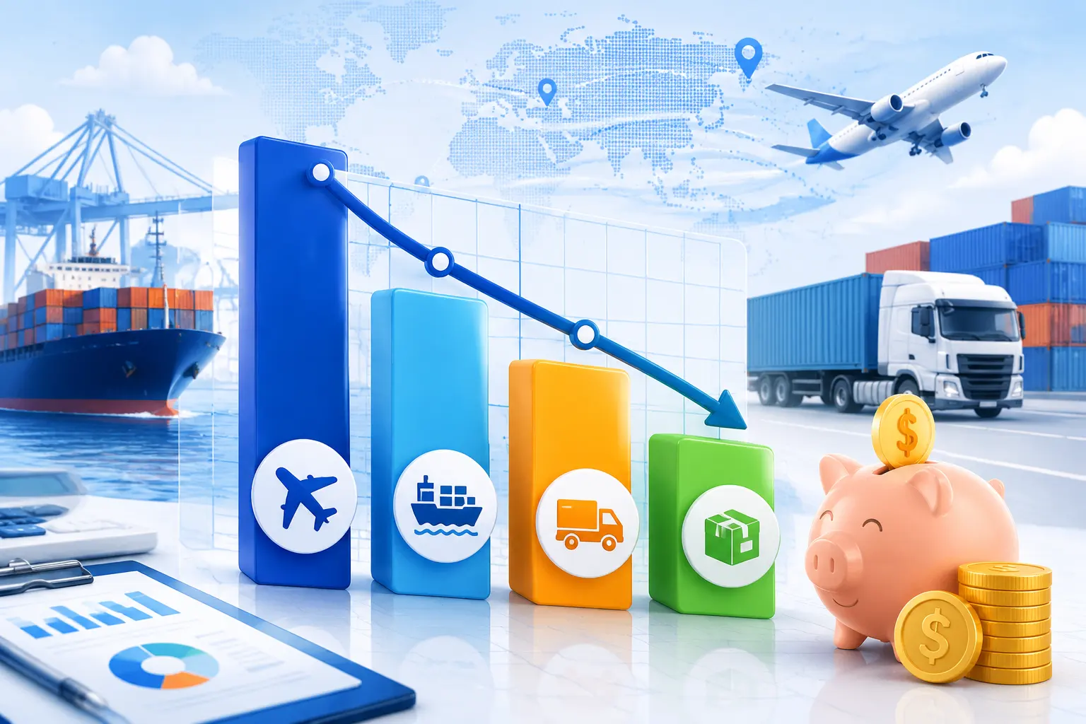 Illustration showing cost savings comparison chart for different shipping methods, 600x400px