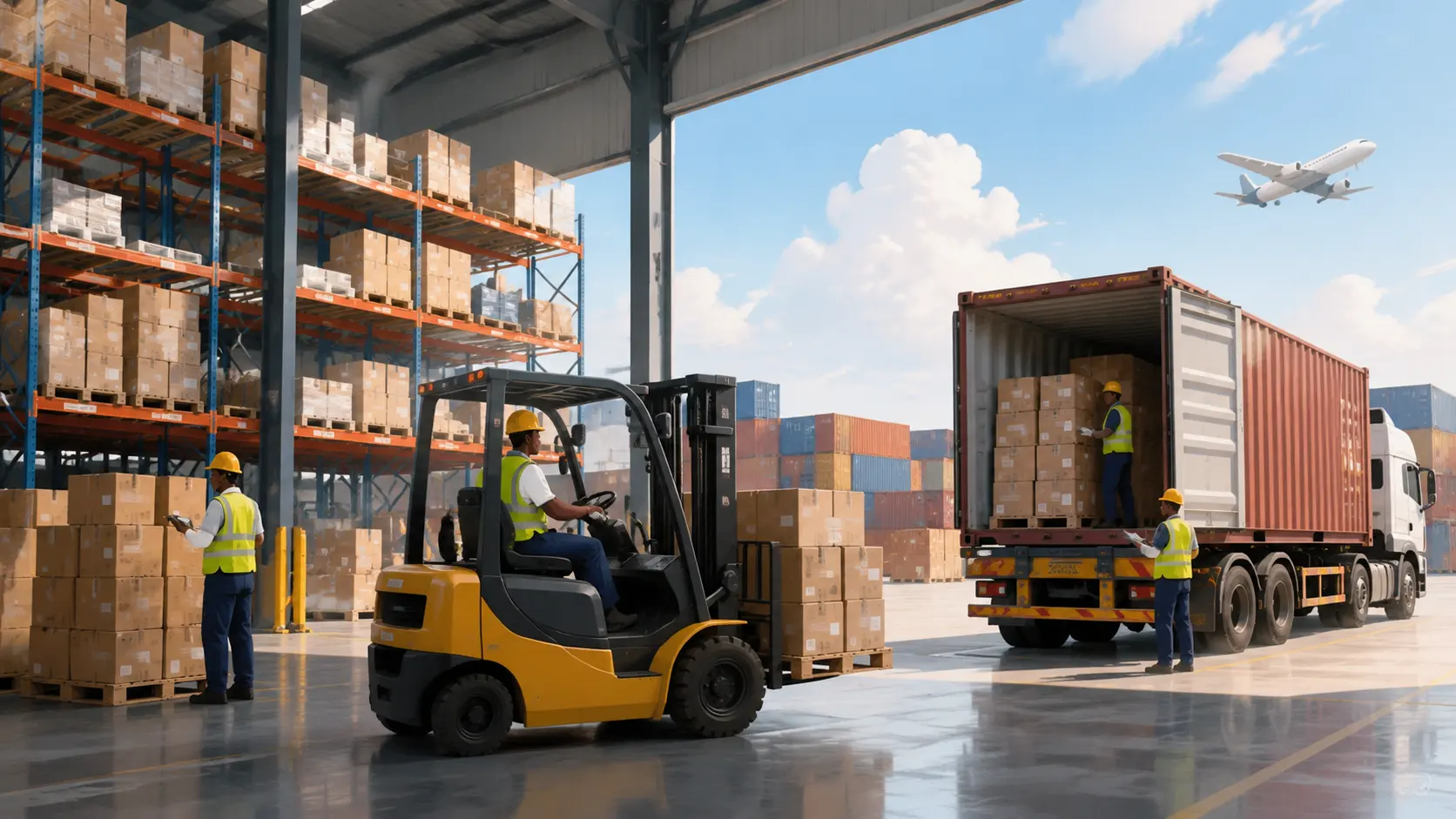 Illustration of a modern African logistics warehouse with racking, forklifts and containers being loaded, 1200x675 pixels