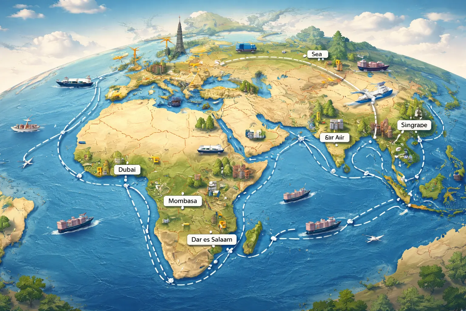 Map-style graphic showing key trade routes between Asia, Europe and major African ports with icons for sea, air and road, 1200x675 pixels