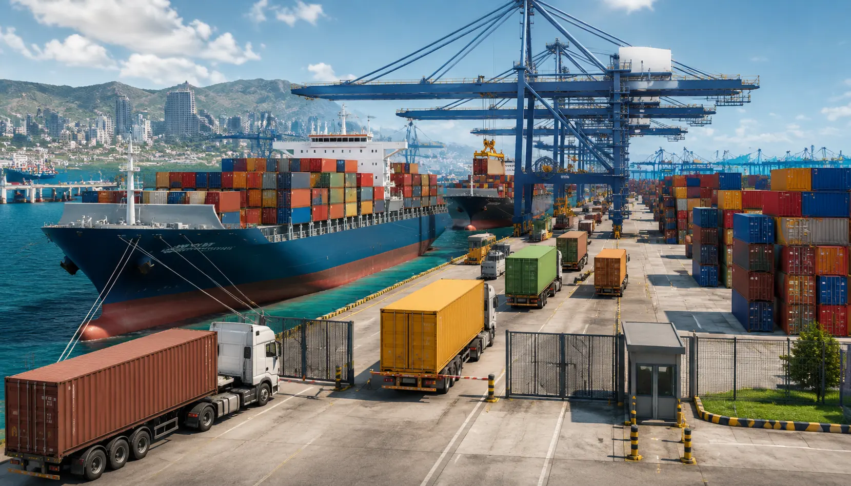Illustration of container vessels berthed at a modern African seaport with cranes loading containers and trucks waiting at the terminal gate, recommended size 1400x800 pixels