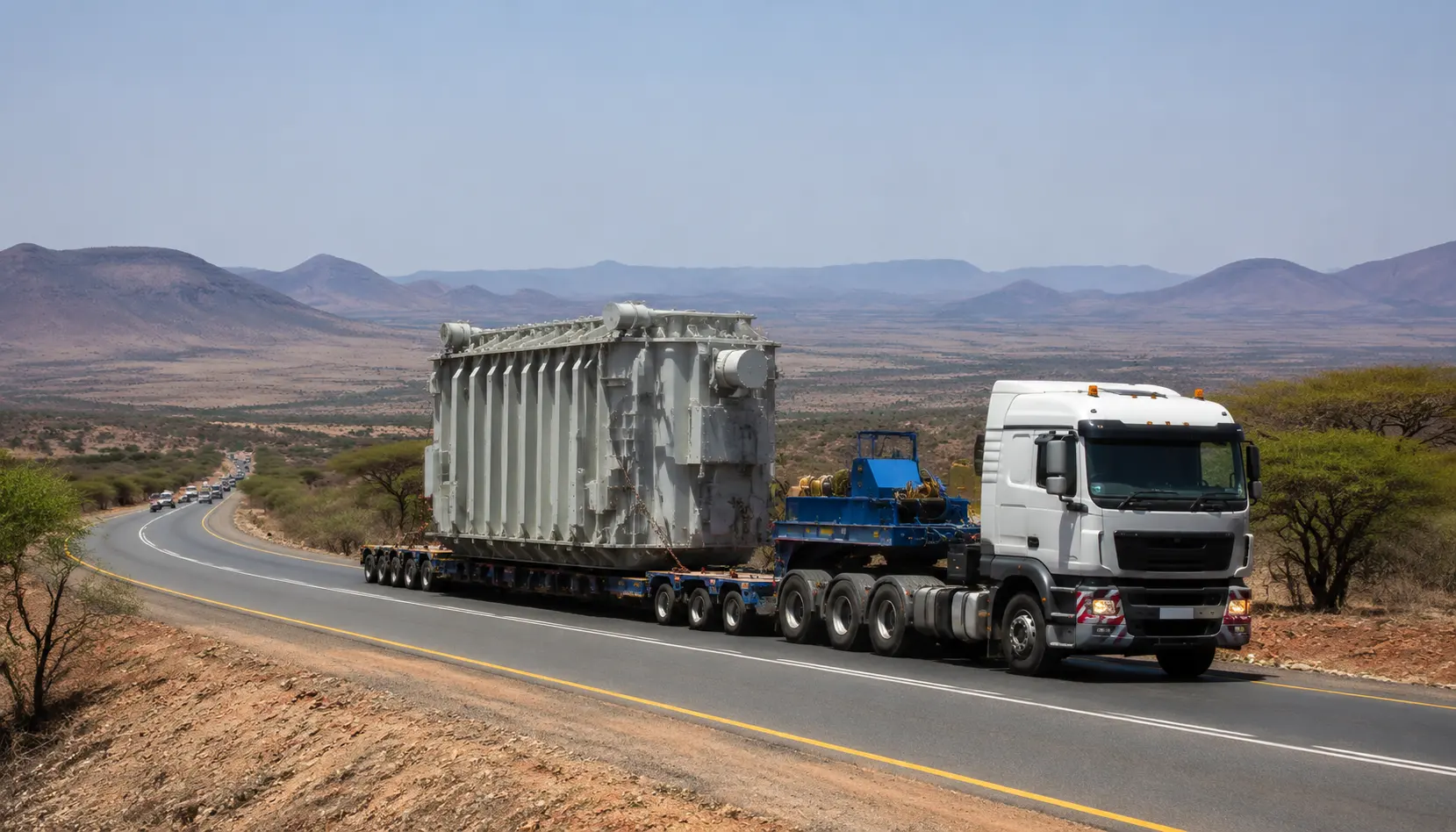 Photo of an oversized transformer being transported on a specialized low-bed truck through an African landscape, illustrating project logistics, recommended size 1400x800 pixels