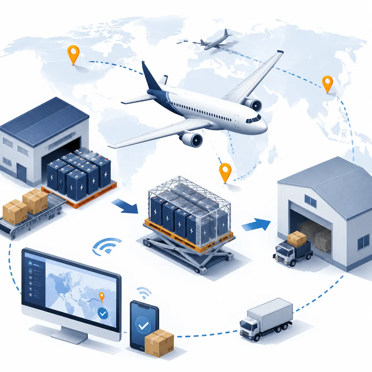 Illustration showing battery air freight logistics flow with planes, warehouses, and tracking systems. Dimensions: 500x500px