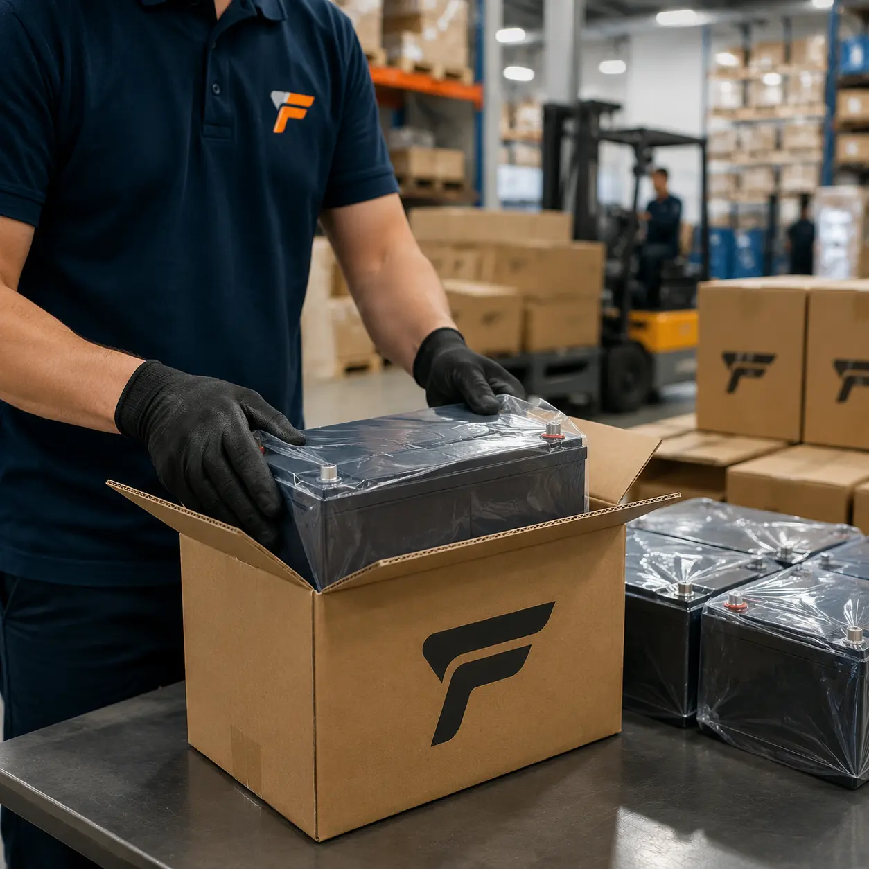 Corporate branding and OEM battery packaging in warehouse environment. Dimensions: 500x500px