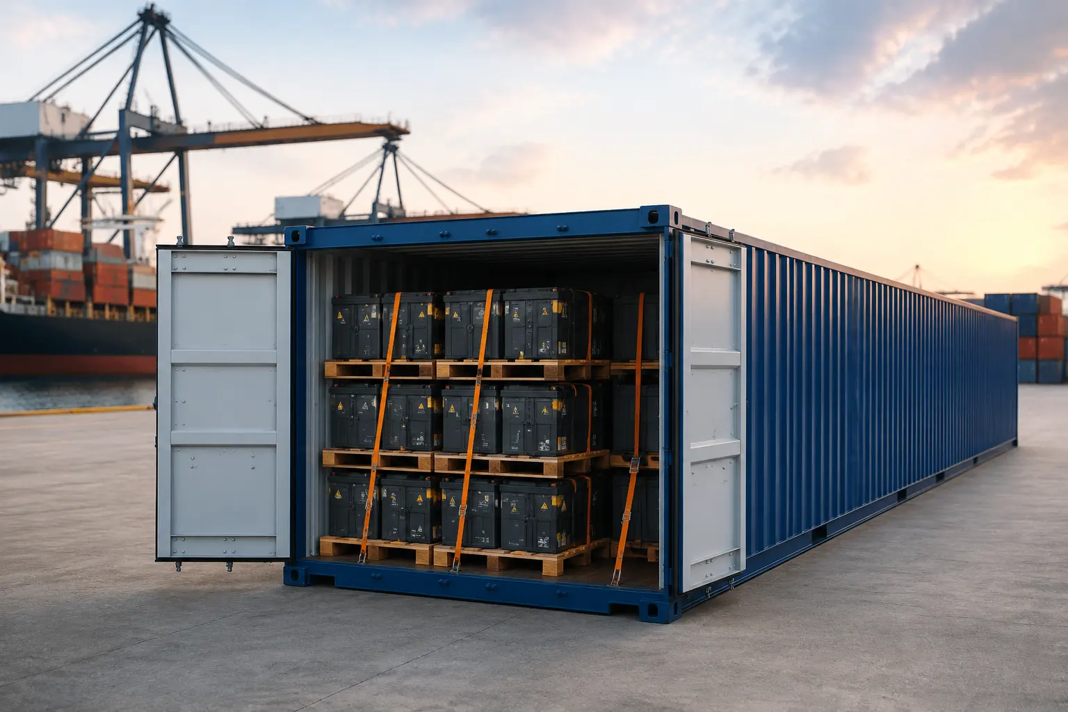 Container shipping visualization showing 40ft container with battery cargo - 600x400px