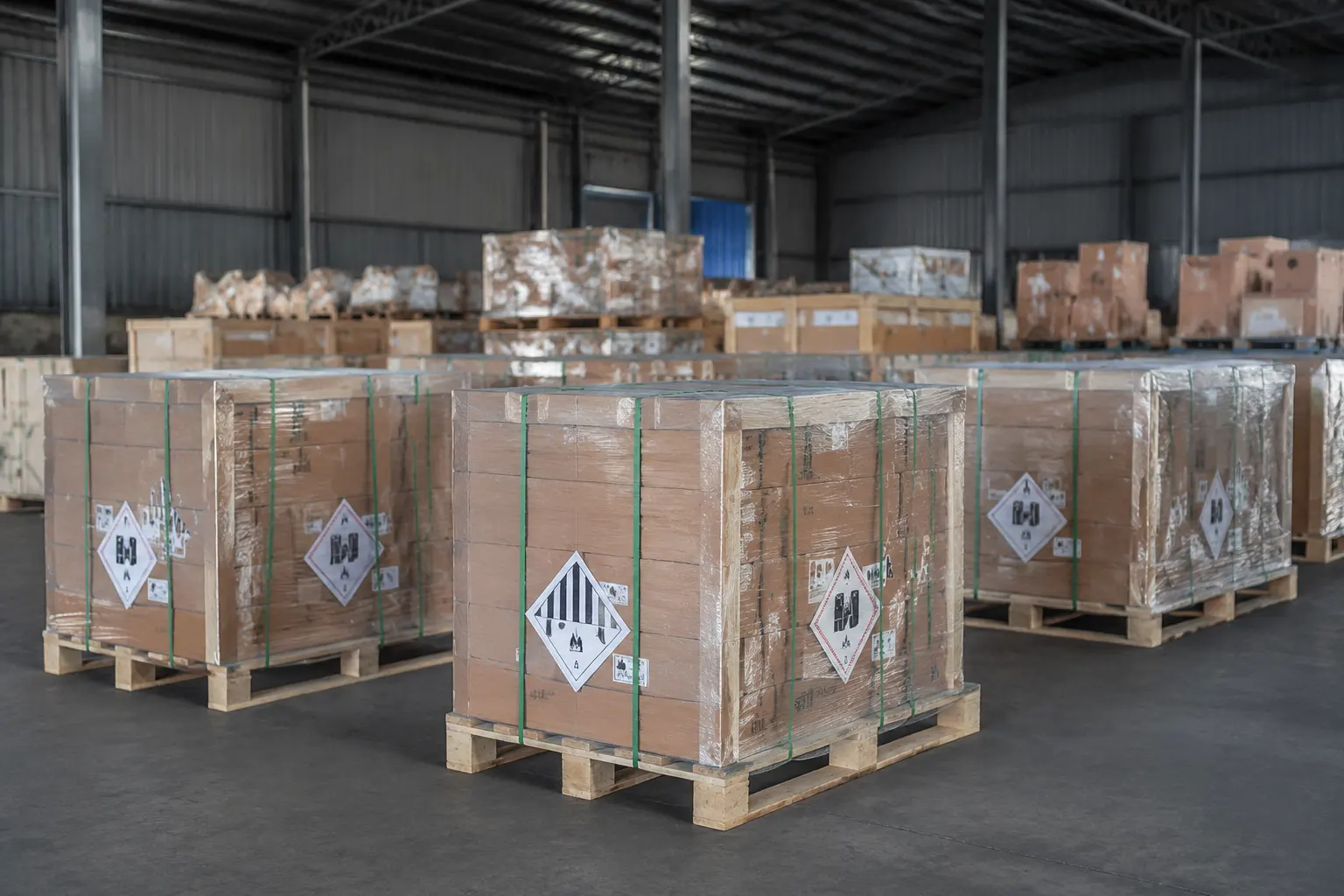 LCL consolidation warehouse showing battery pallets - 600x400px