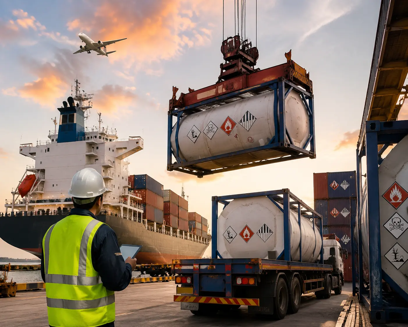DG sea freight container handling and logistics operations visualization. Recommended size: 500x400px
