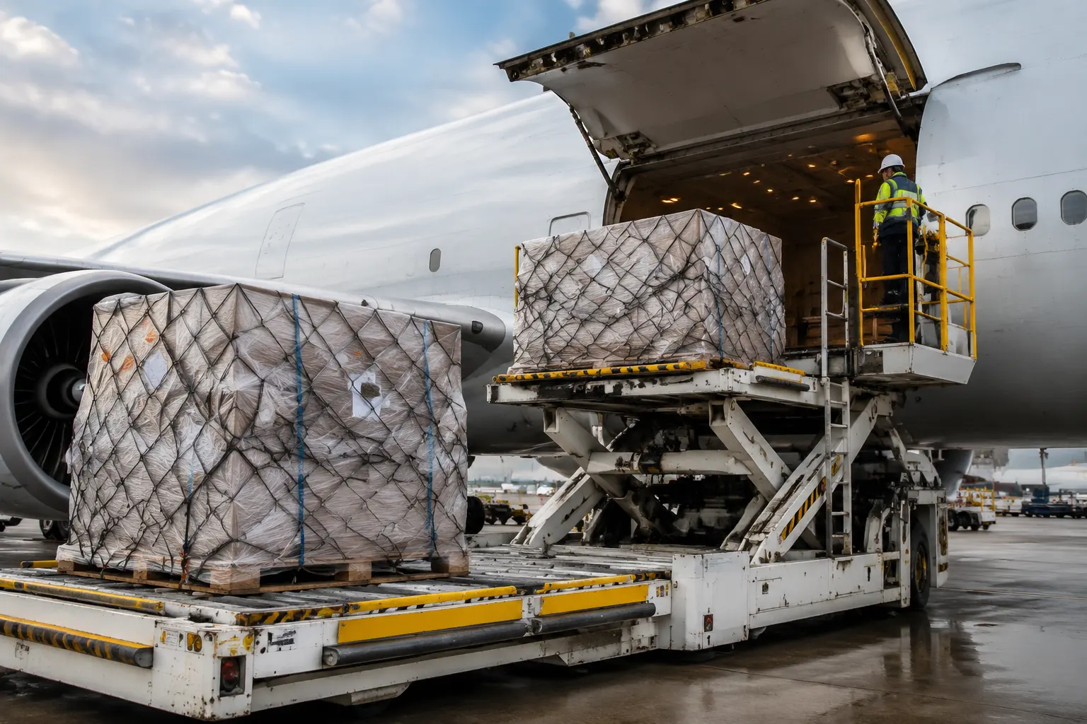 Cargo aircraft being loaded with palletized lithium battery shipments
