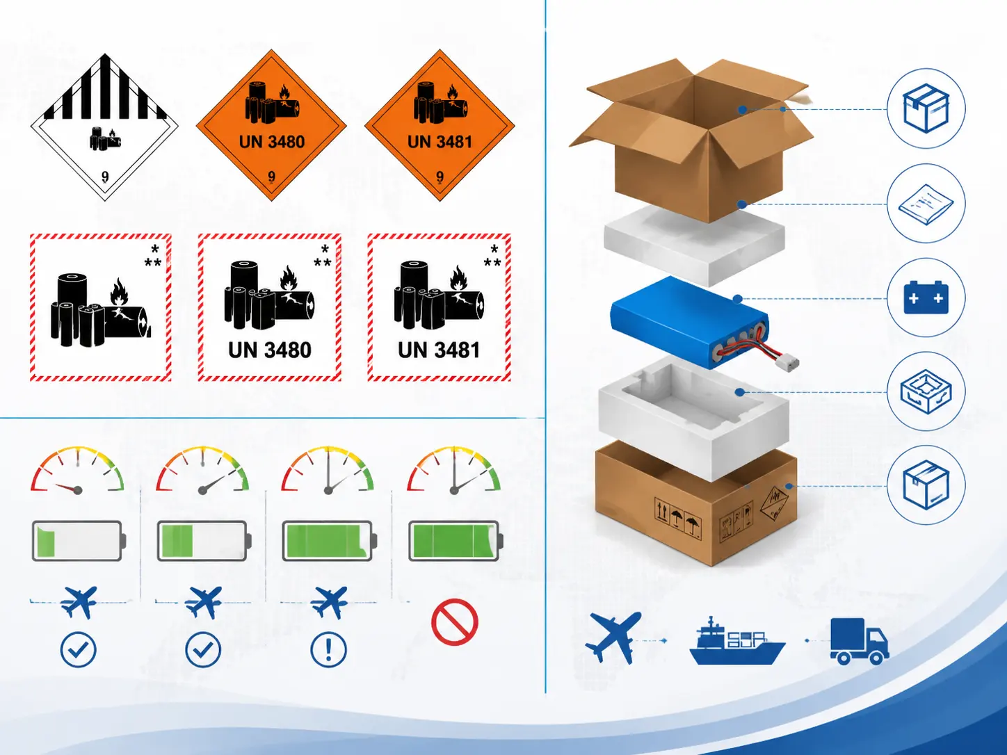 Infographic showing lithium battery shipping labels, UN numbers, packaging, and state-of-charge guidance